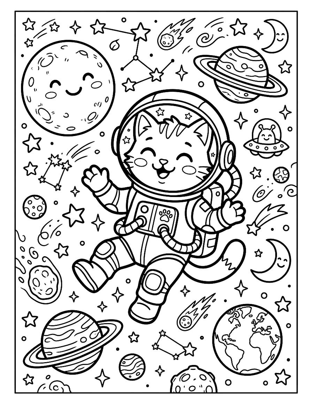 Astronaut cat floating in space coloring page for kids