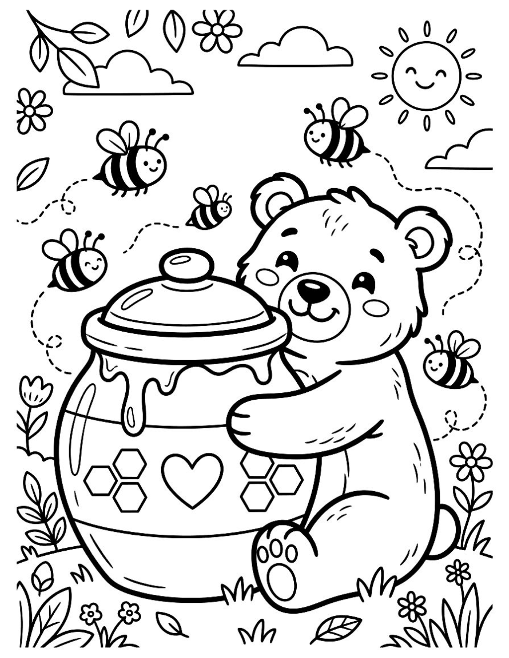 Bear and a honey pot coloring page for kids