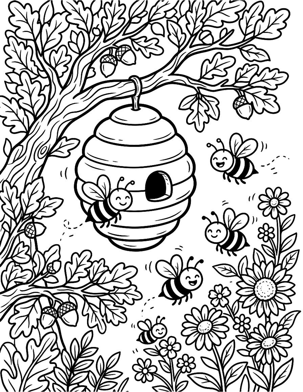 Bees and their beehive coloring page for kids