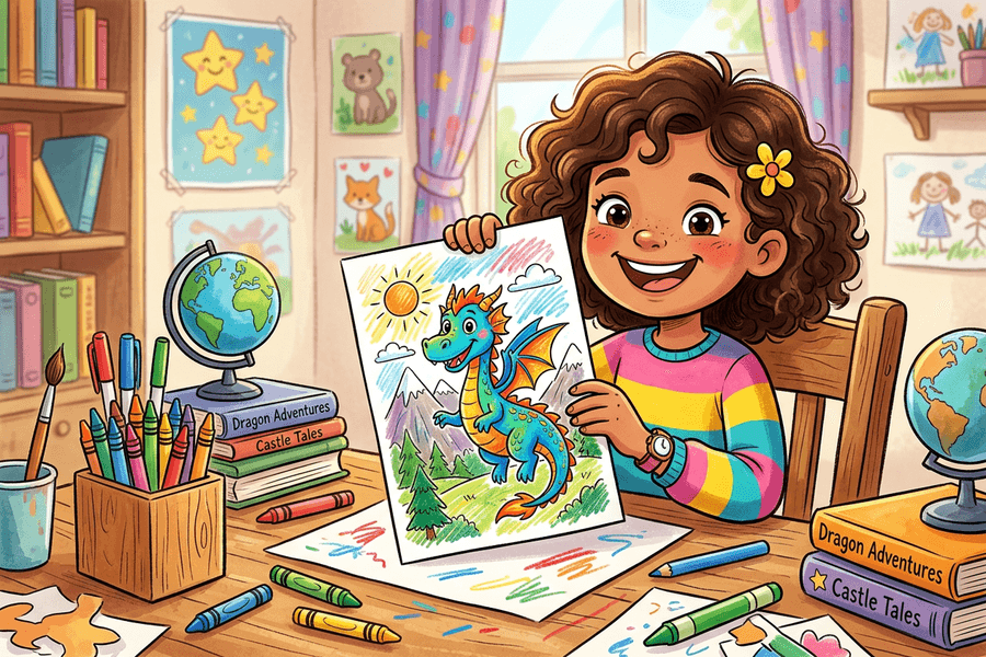 Child holding a finished free printable AI coloring page of a friendly dragon
