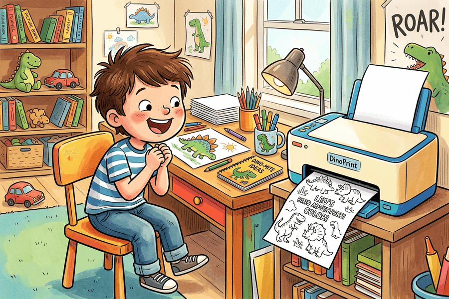 Child watching a custom dinosaur coloring page print out from an AI coloring page generator