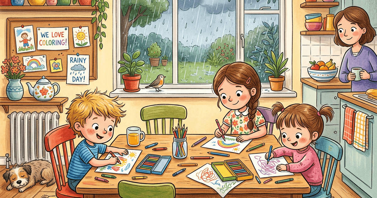 Children happily coloring printable AI coloring pages at the kitchen table on a rainy afternoon