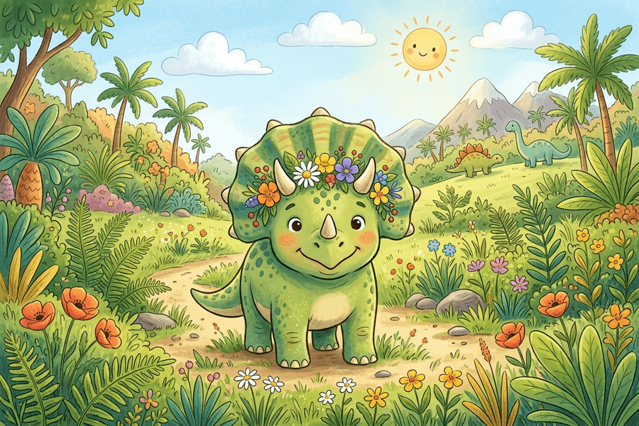Friendly baby Triceratops with a flower crown — example custom dinosaur coloring page idea
