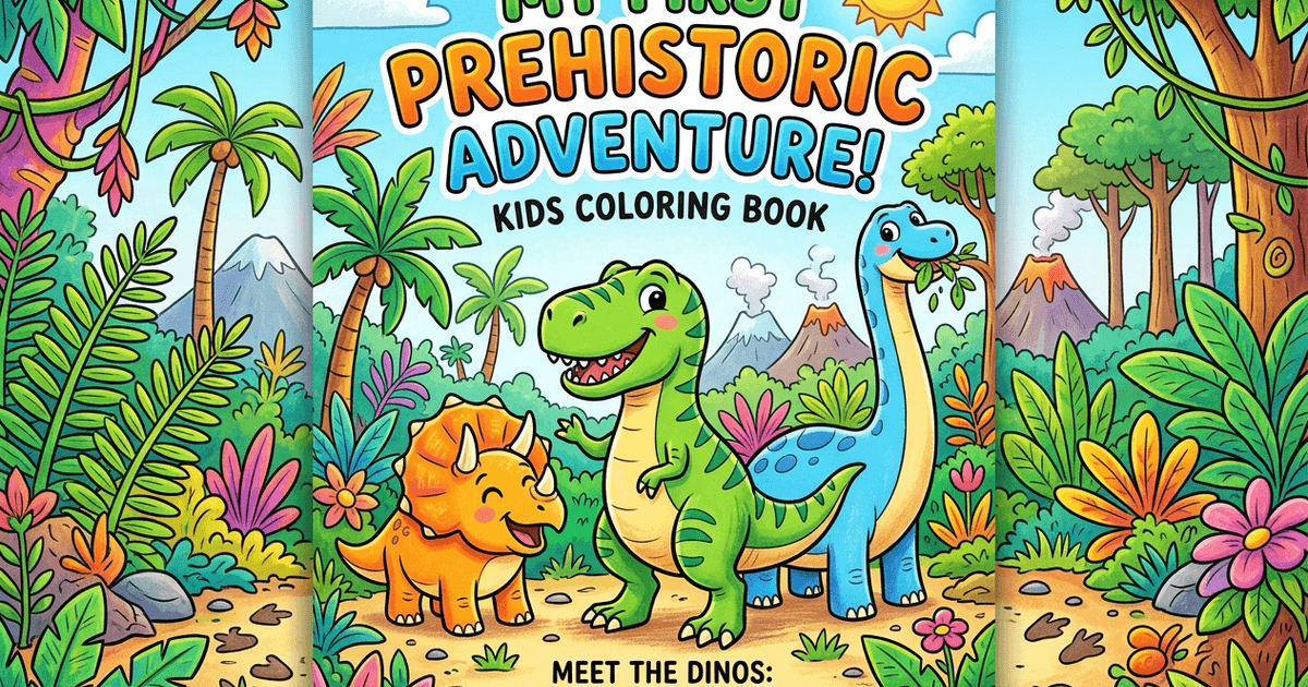 Friendly cartoon dinosaurs in a prehistoric jungle — example custom dinosaur coloring page generated with AI