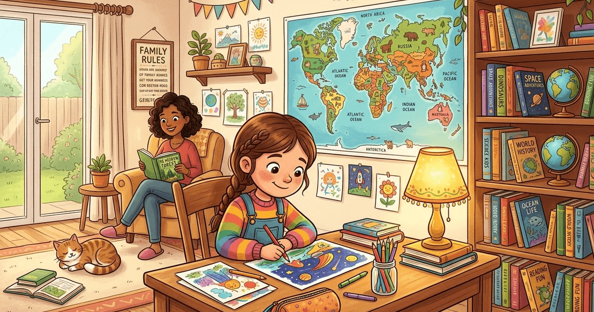 Homeschool desk with a child coloring an AI-generated coloring page beside a world map and books
