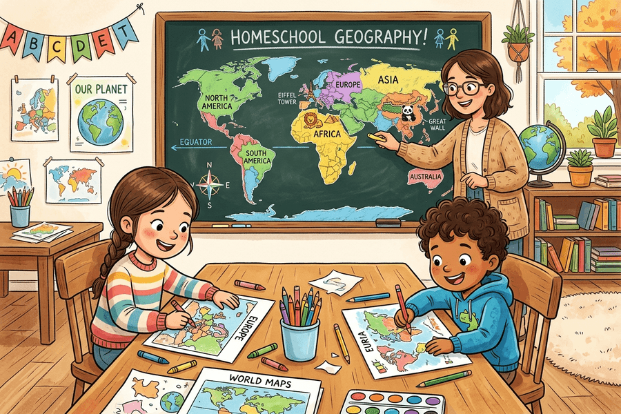 Homeschool family using AI coloring pages as part of a geography lesson