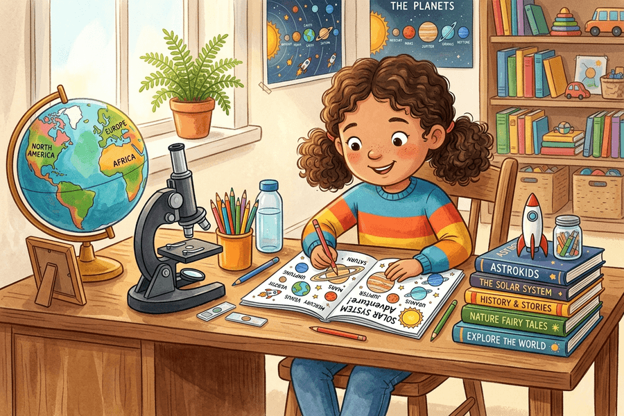 Homeschool setup with a child coloring a custom AI-generated solar system page beside a globe and microscope