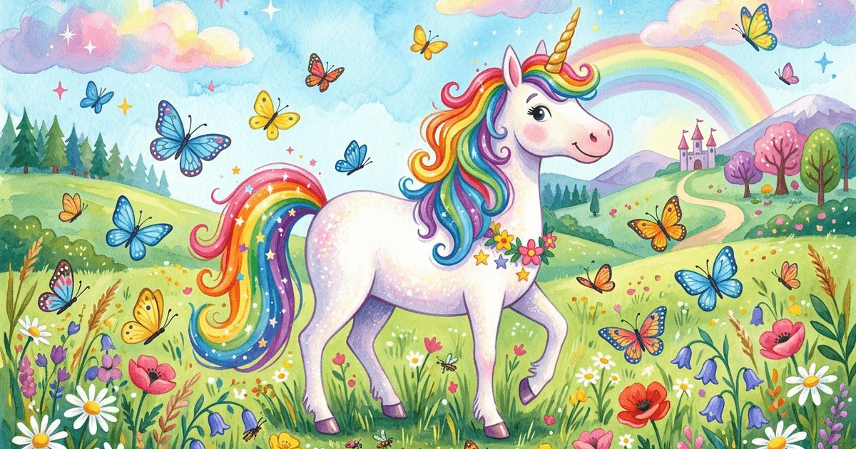 Magical unicorn with a rainbow mane in a flowery meadow — example AI-generated printable coloring page
