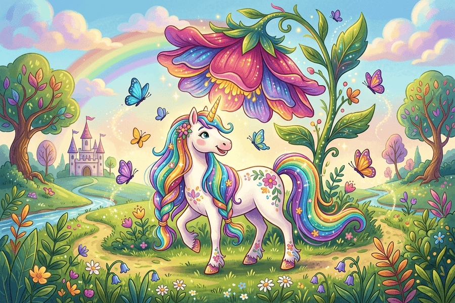 Magical unicorn with rainbow mane and butterflies — example free printable AI coloring page