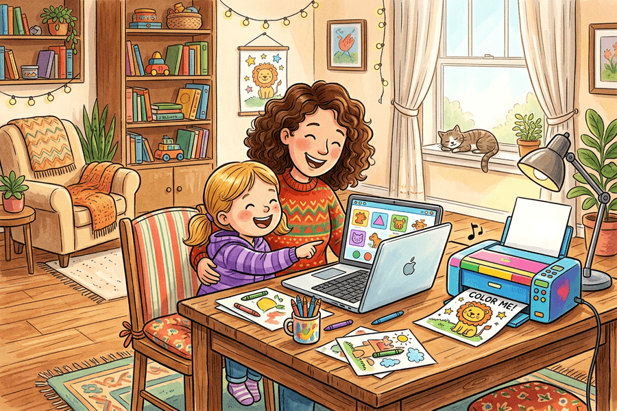 Parent and child creating a custom printable AI coloring page from a text prompt at home