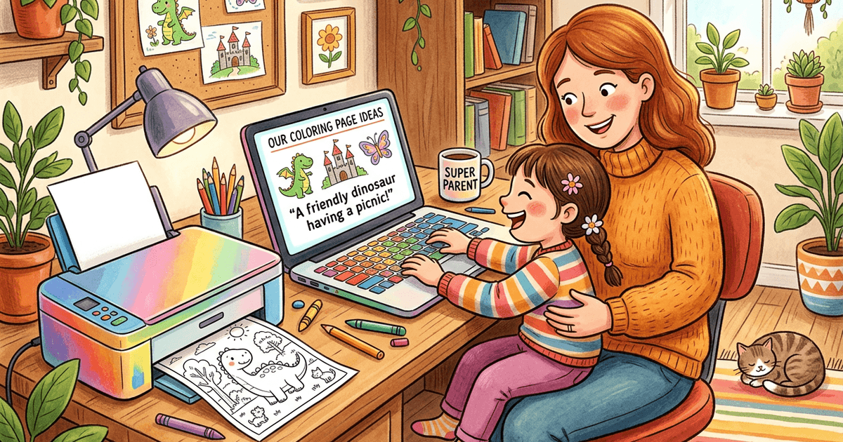 Parent and child typing a prompt at a laptop while a printable AI coloring page comes out of the printer