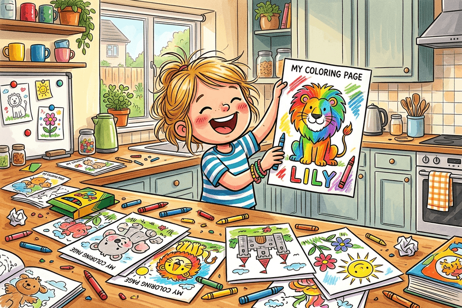 Stack of free printable AI coloring pages with crayons and a happy child's finished artwork