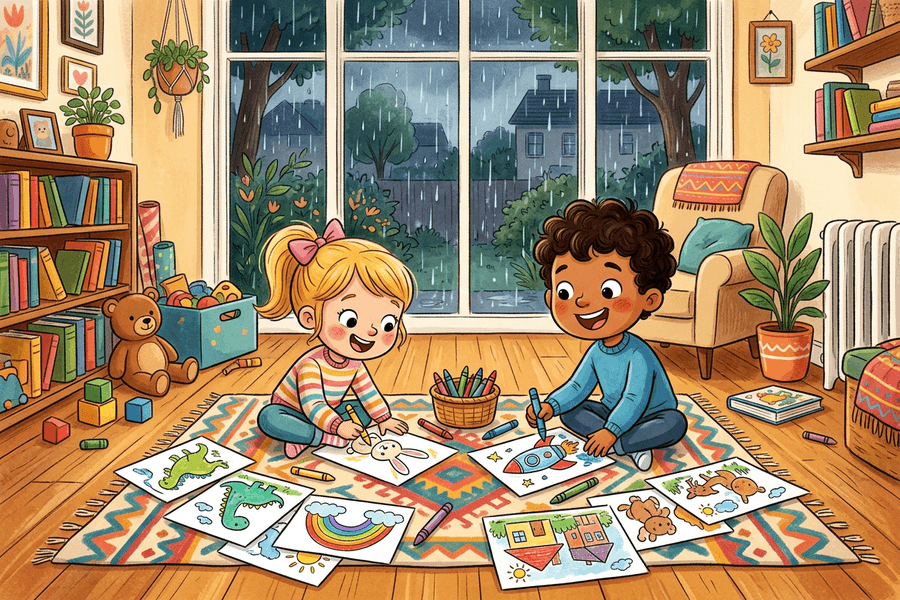 Two siblings coloring free printable AI coloring pages on a rainy day