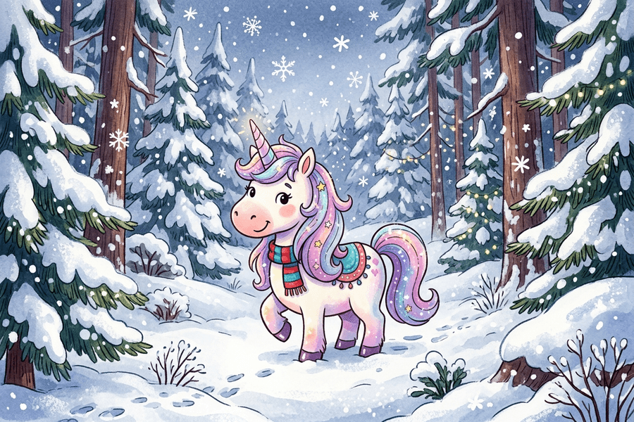 Unicorn in a winter forest with snowflakes — example seasonal printable AI coloring page