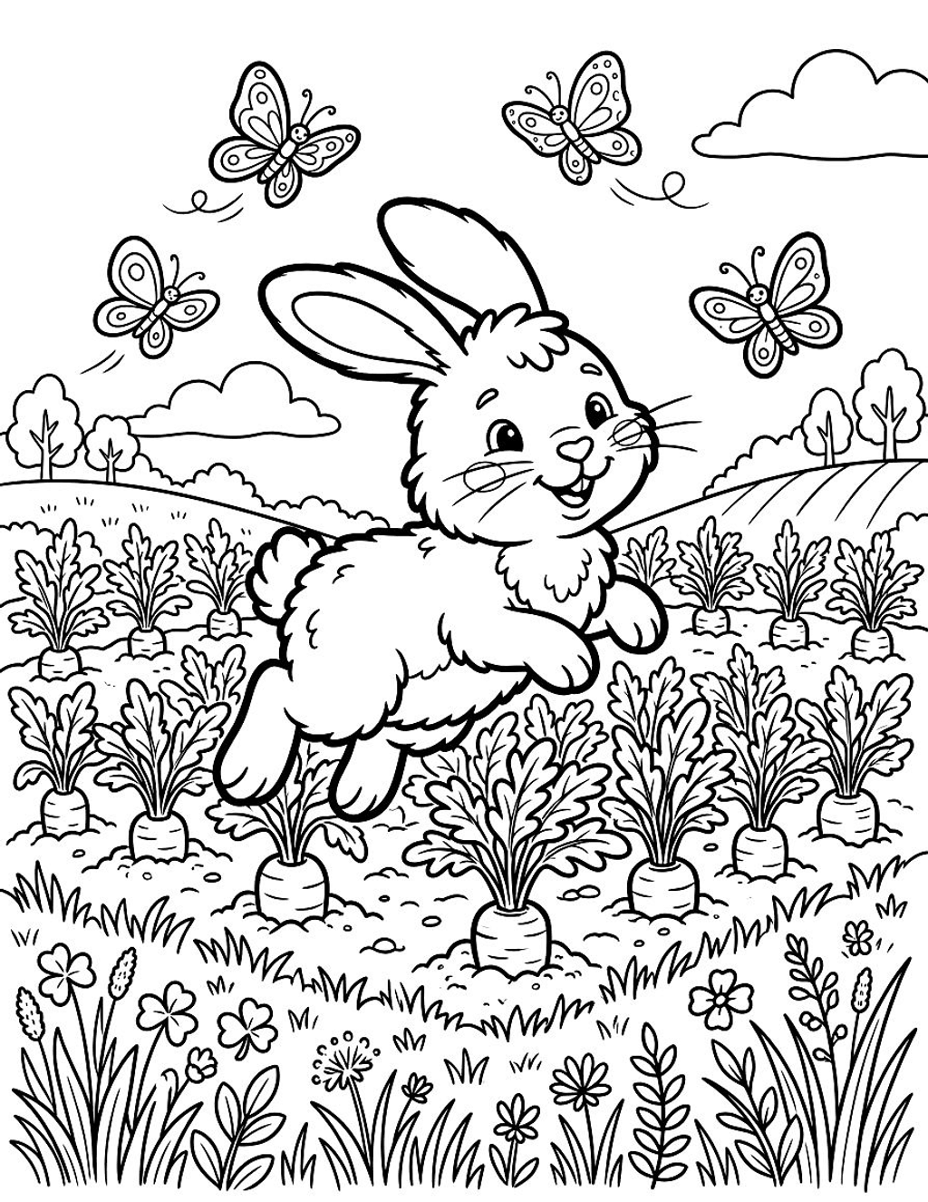 Bunny in a carrot patch coloring page for kids