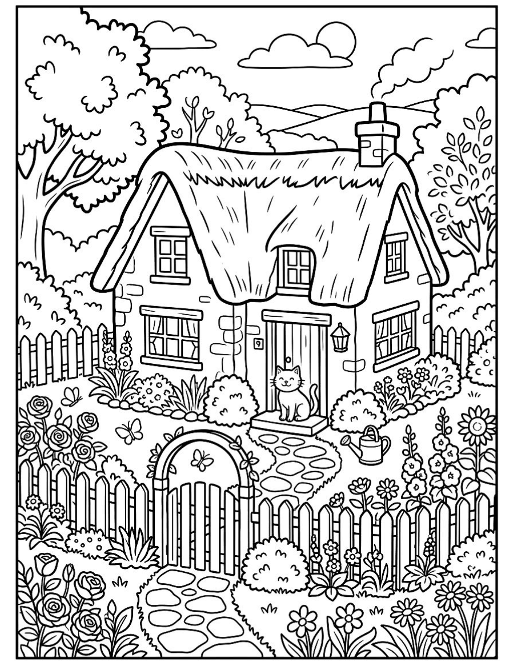 Cozy cottage garden coloring page for kids