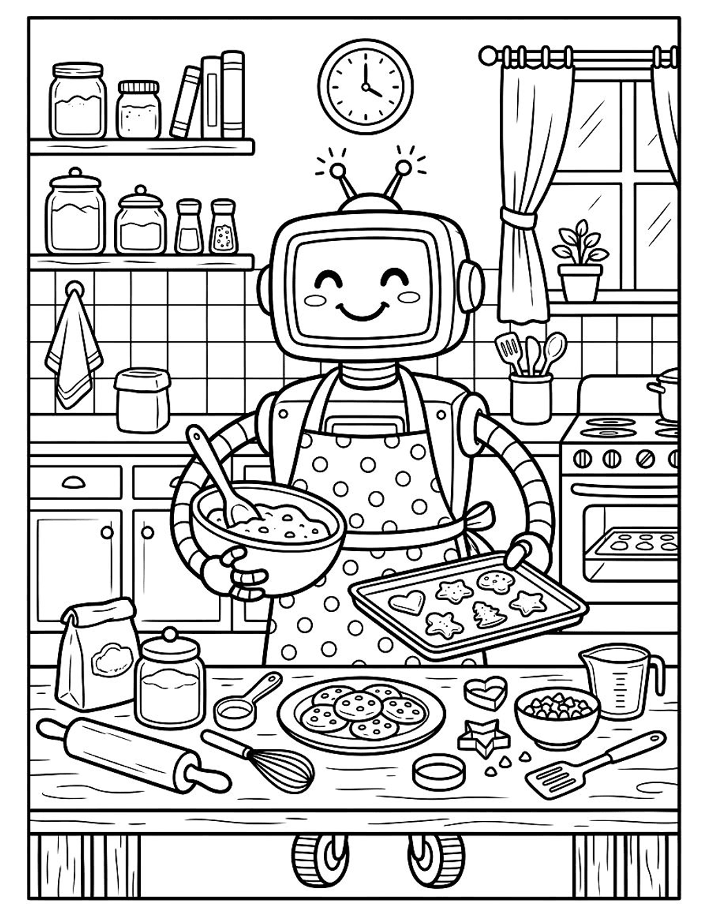 Cozy robot baking cookies coloring page for kids