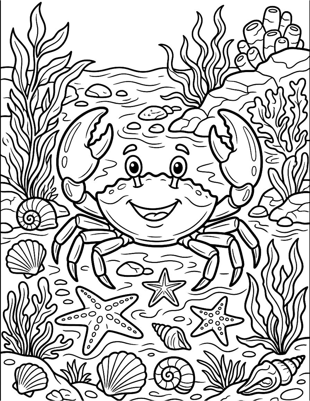Crab in a tide pool coloring page for kids