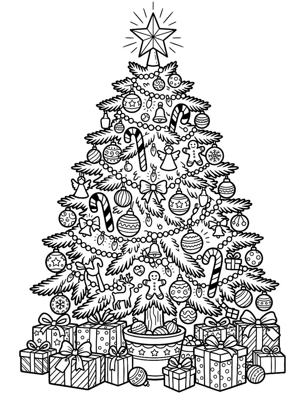 Decorated Christmas tree coloring page for kids
