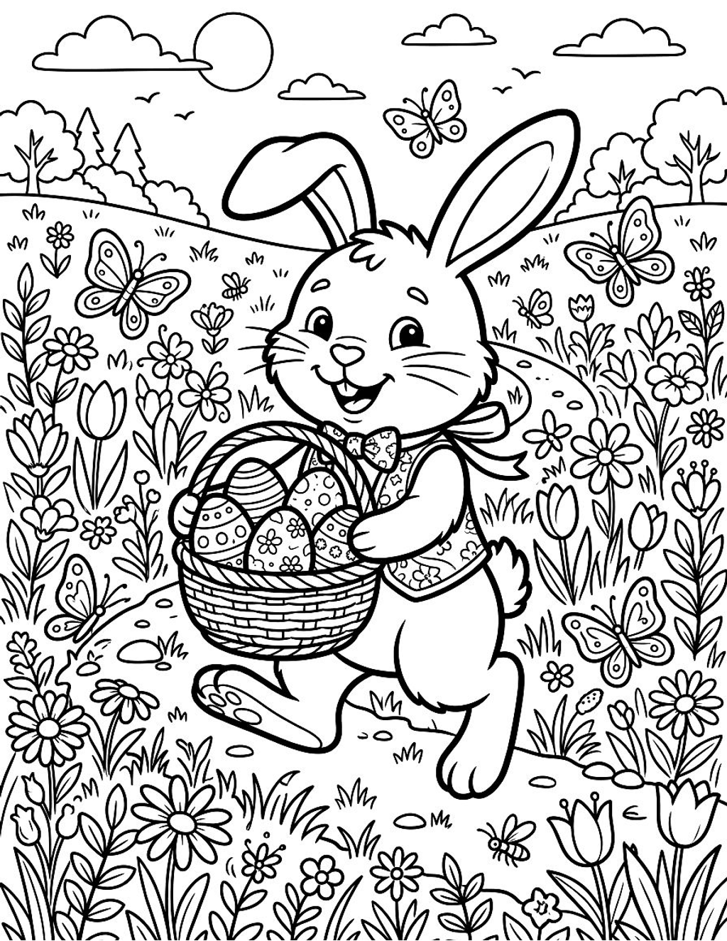 Easter bunny and eggs coloring page for kids