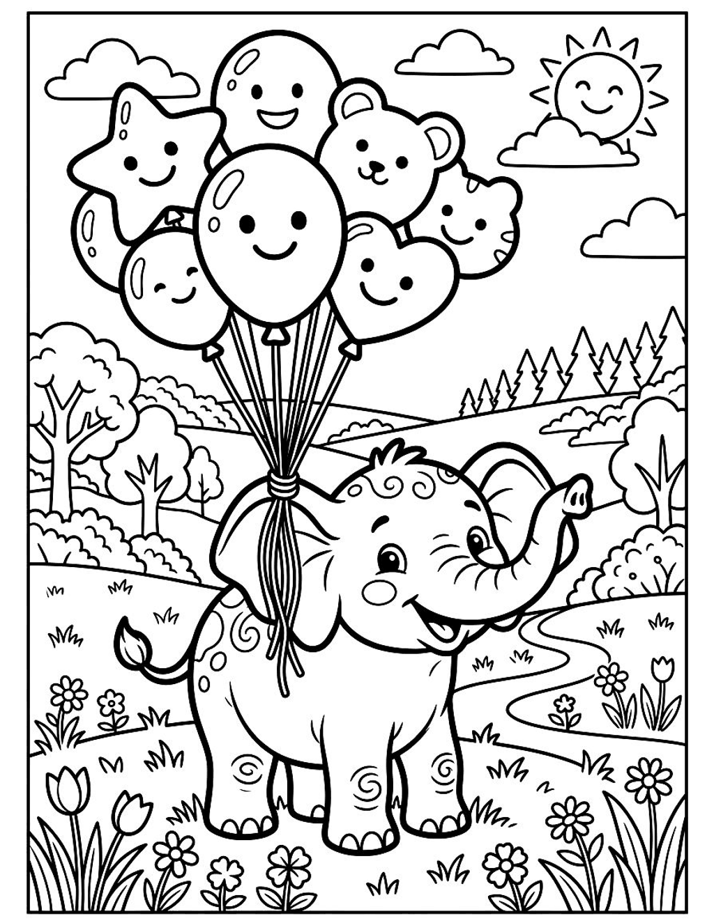 Elephant with balloons coloring page for kids