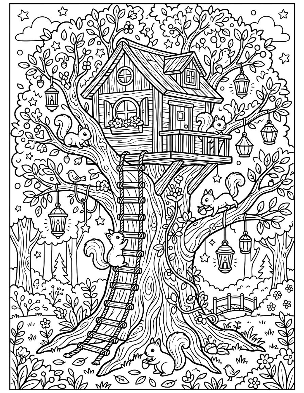 Enchanted tree house coloring page for kids