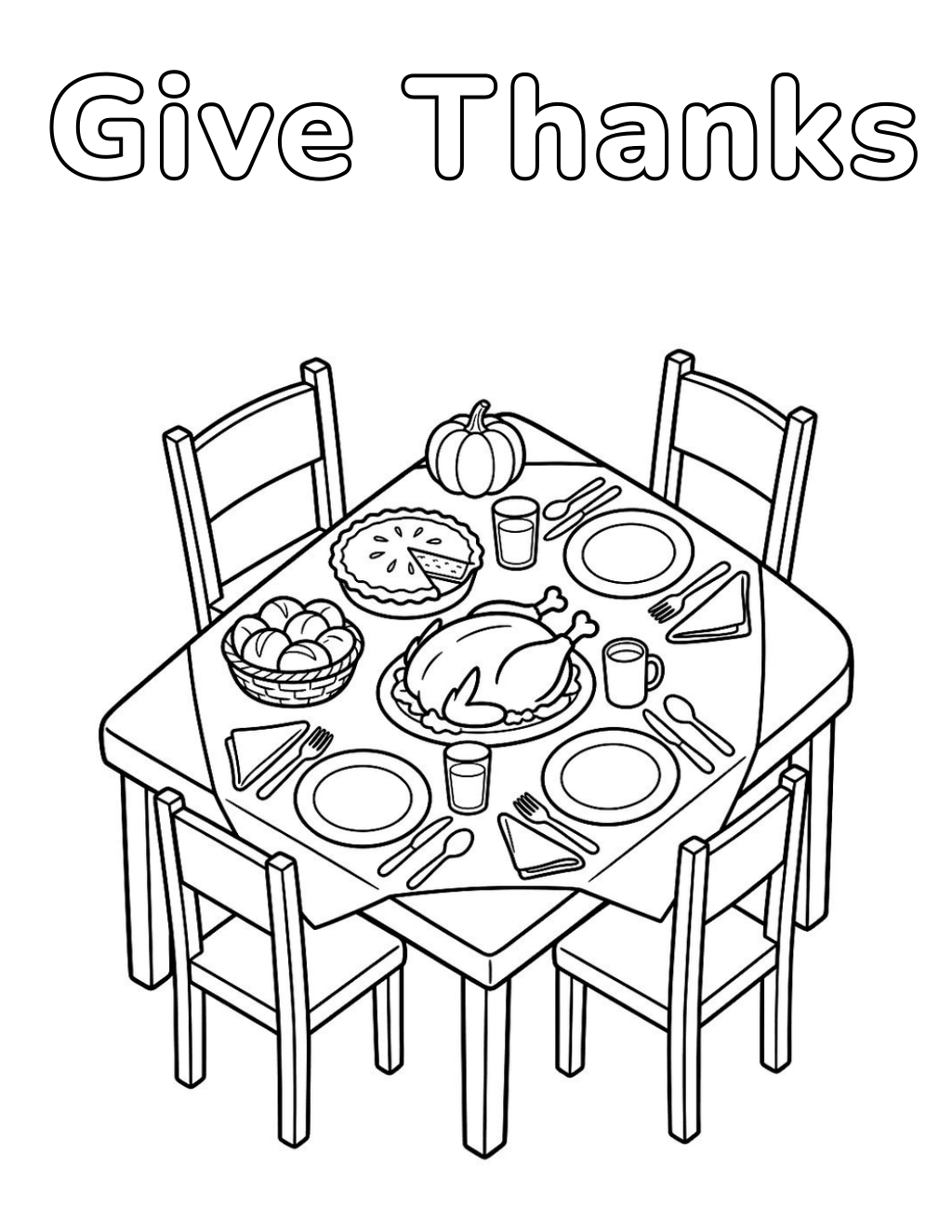 Family thanksgiving table coloring page for kids