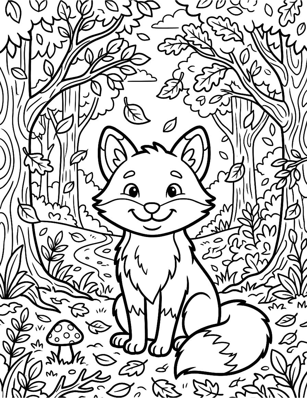 Fox in an autumn forest coloring page for kids