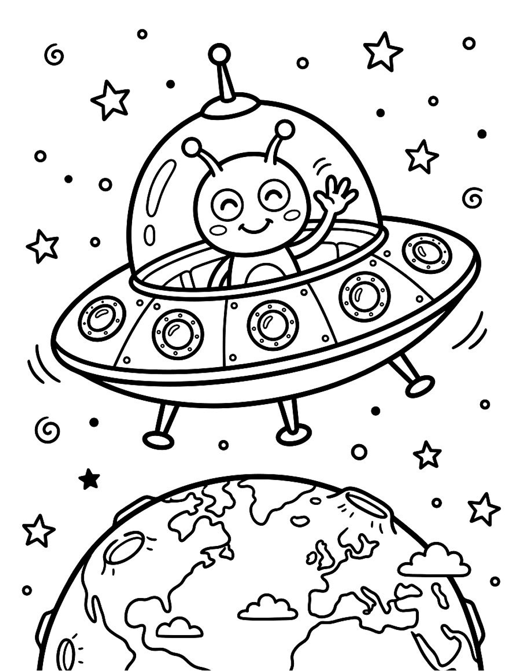 Friendly alien and UFO coloring page for kids