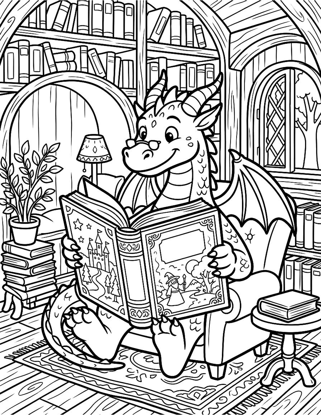 Friendly dragon reading a book coloring page for kids