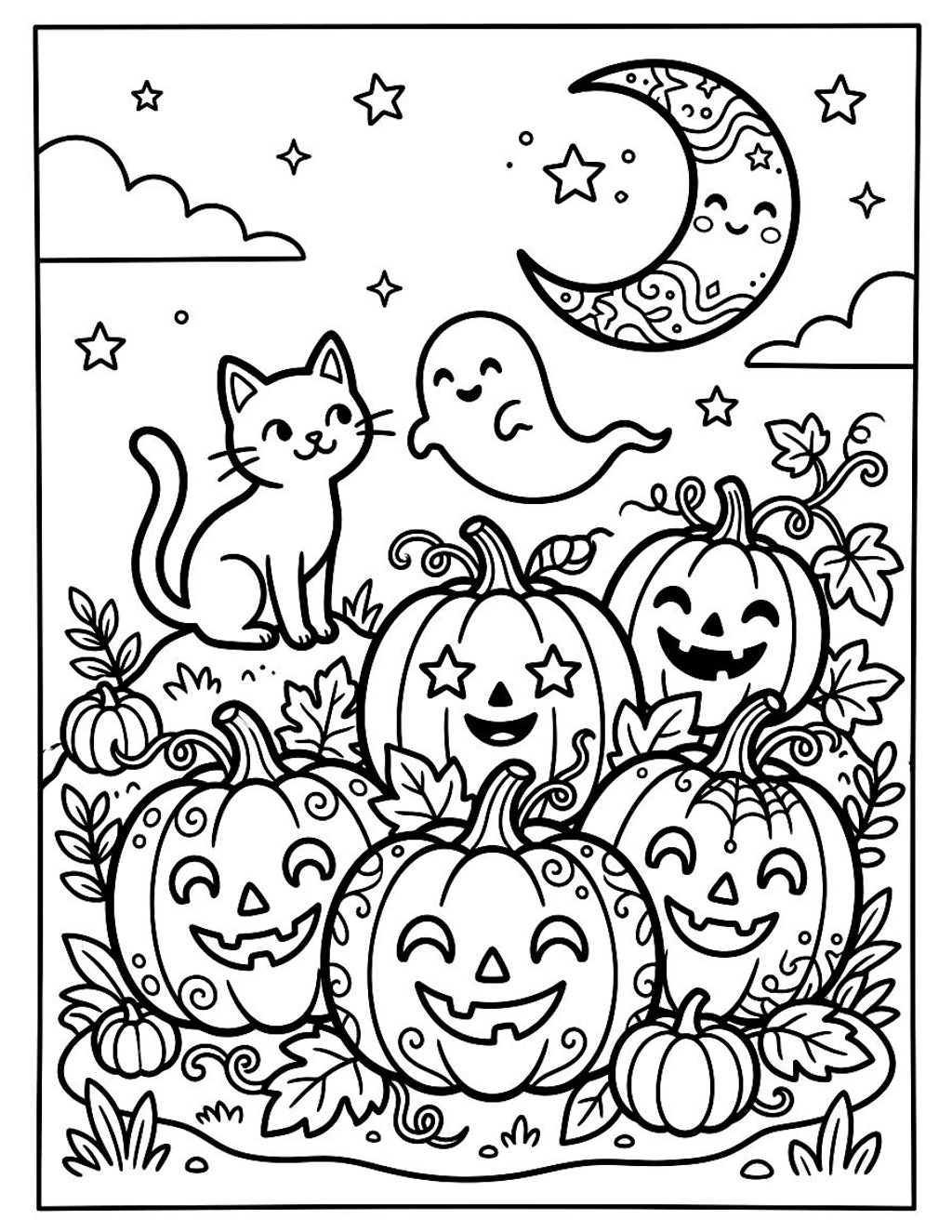 Friendly Halloween pumpkins coloring page for kids