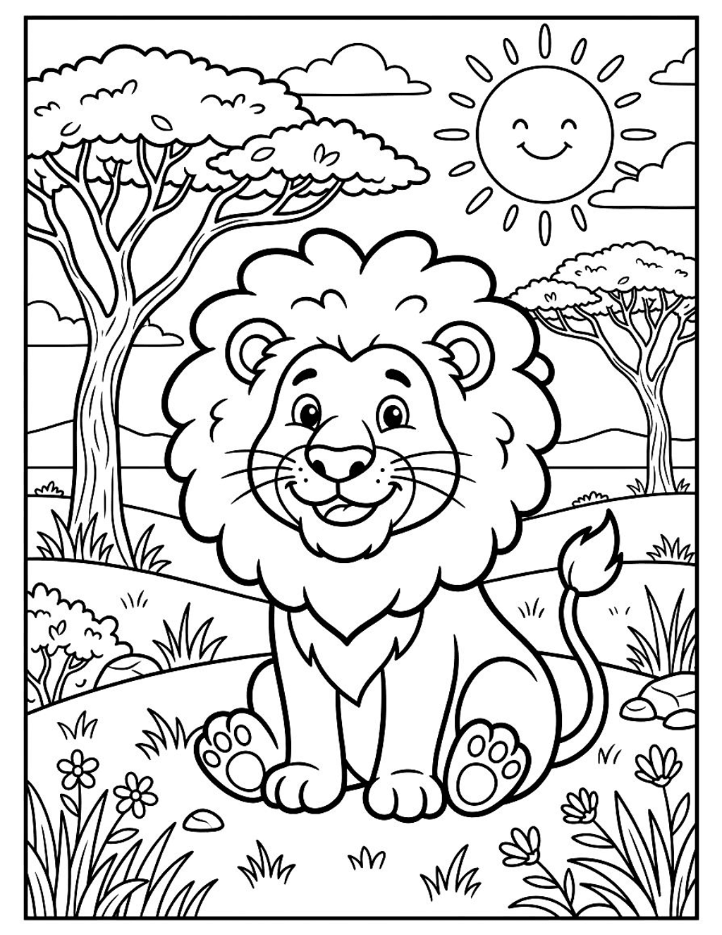 Friendly lion on the savanna coloring page for kids