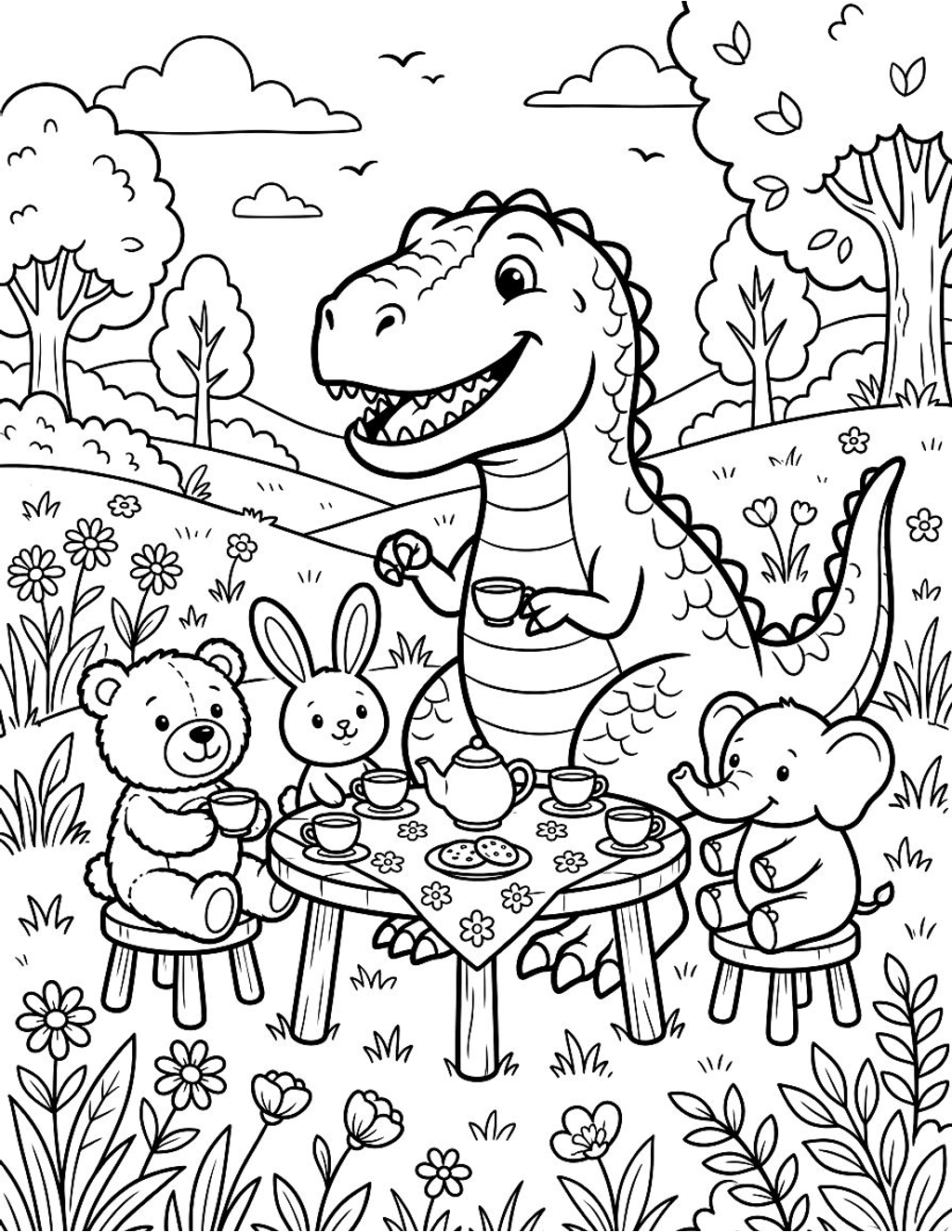 Friendly T-Rex tea party coloring page for kids