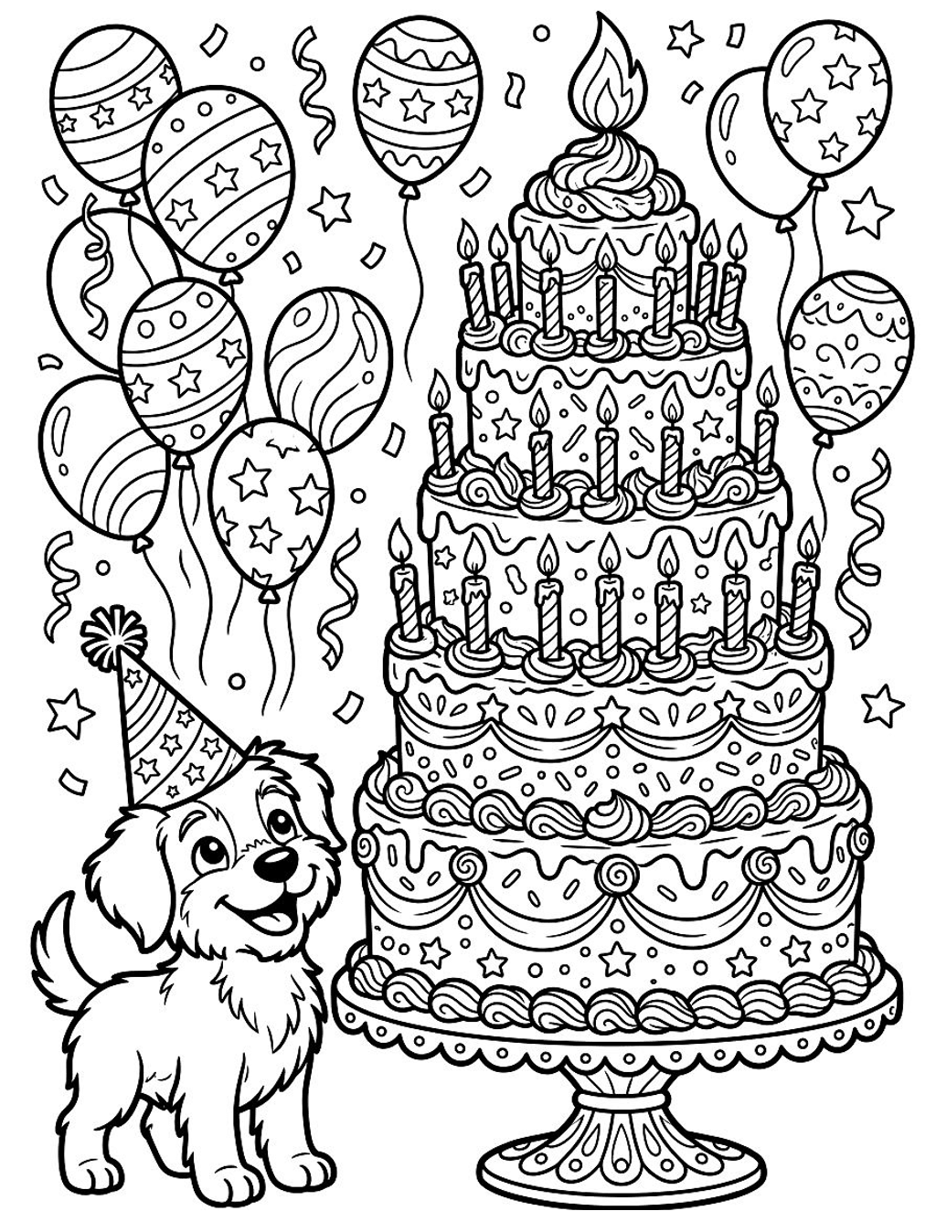 Giant birthday cake coloring page for kids