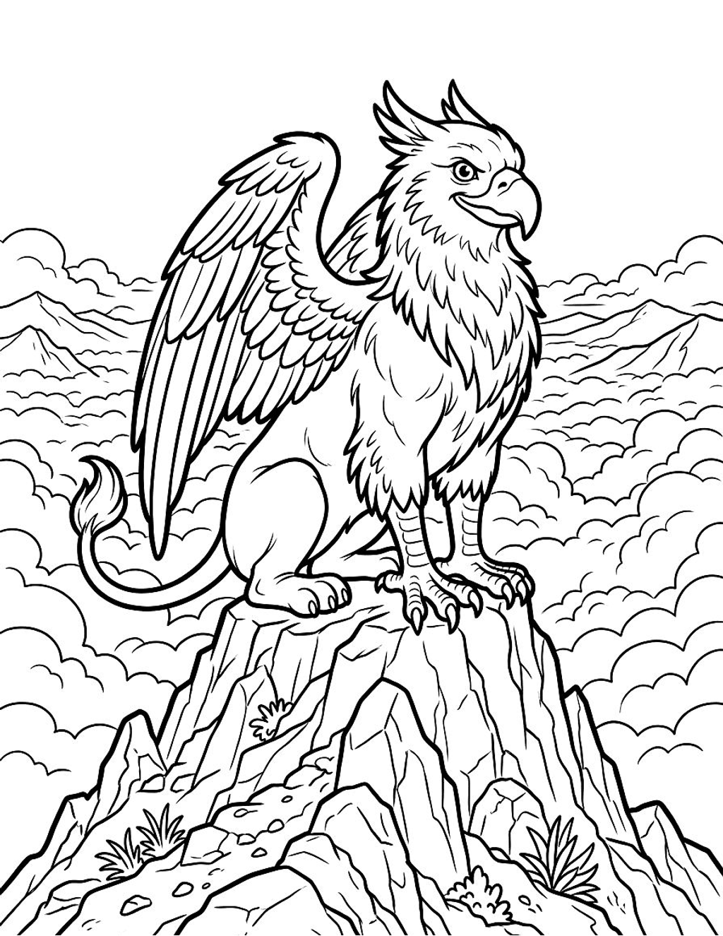 Griffin on a mountain peak coloring page for kids