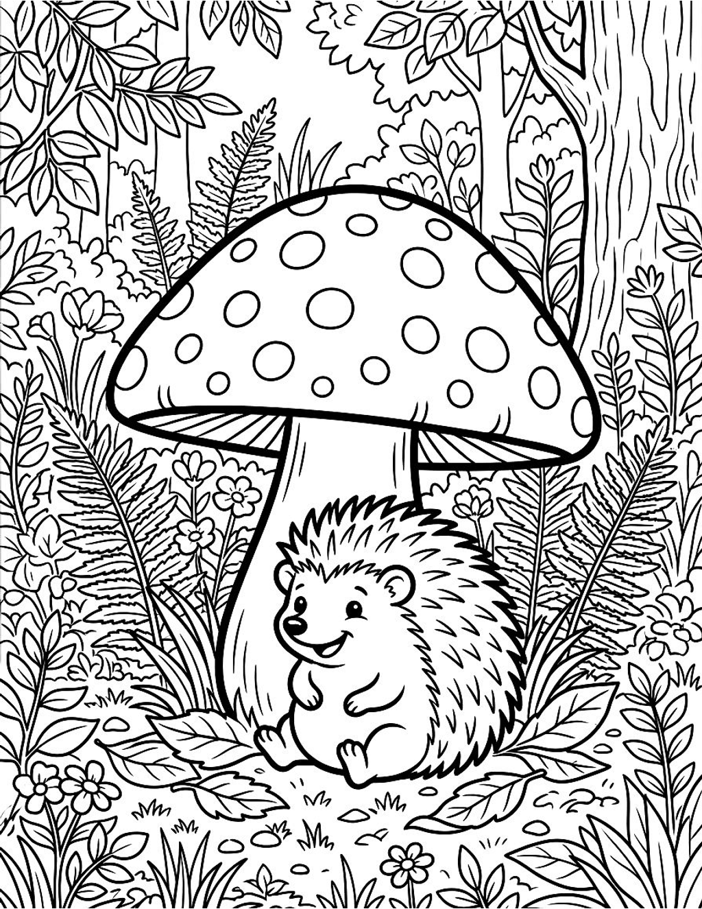 Hedgehog under a mushroom coloring page for kids