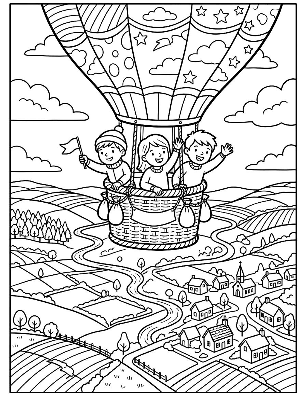 Hot air balloon adventure coloring page for kids