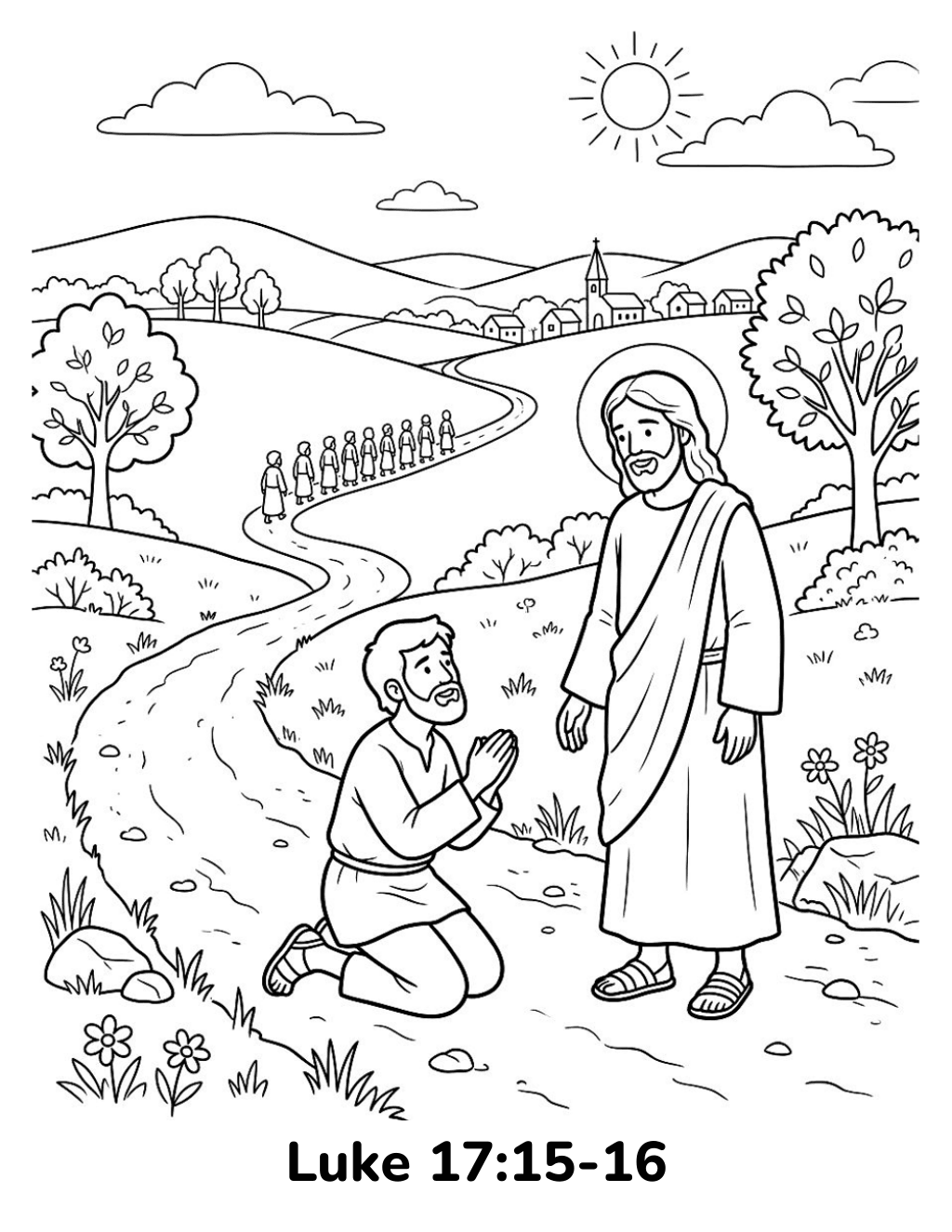 Jesus heals the ten lepers coloring page for kids