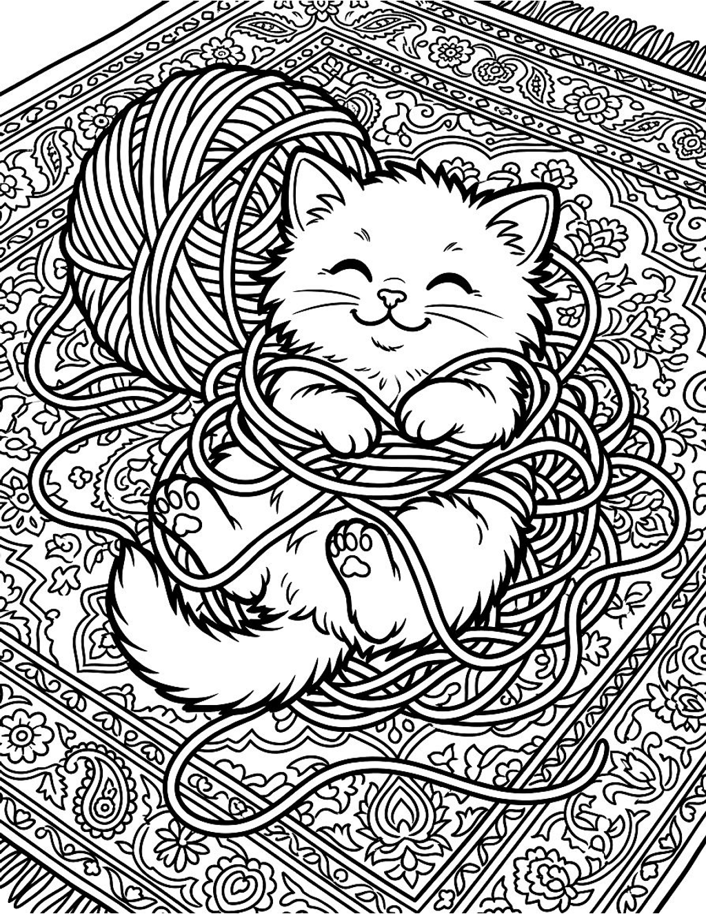 Kitten tangled in yarn coloring page for kids