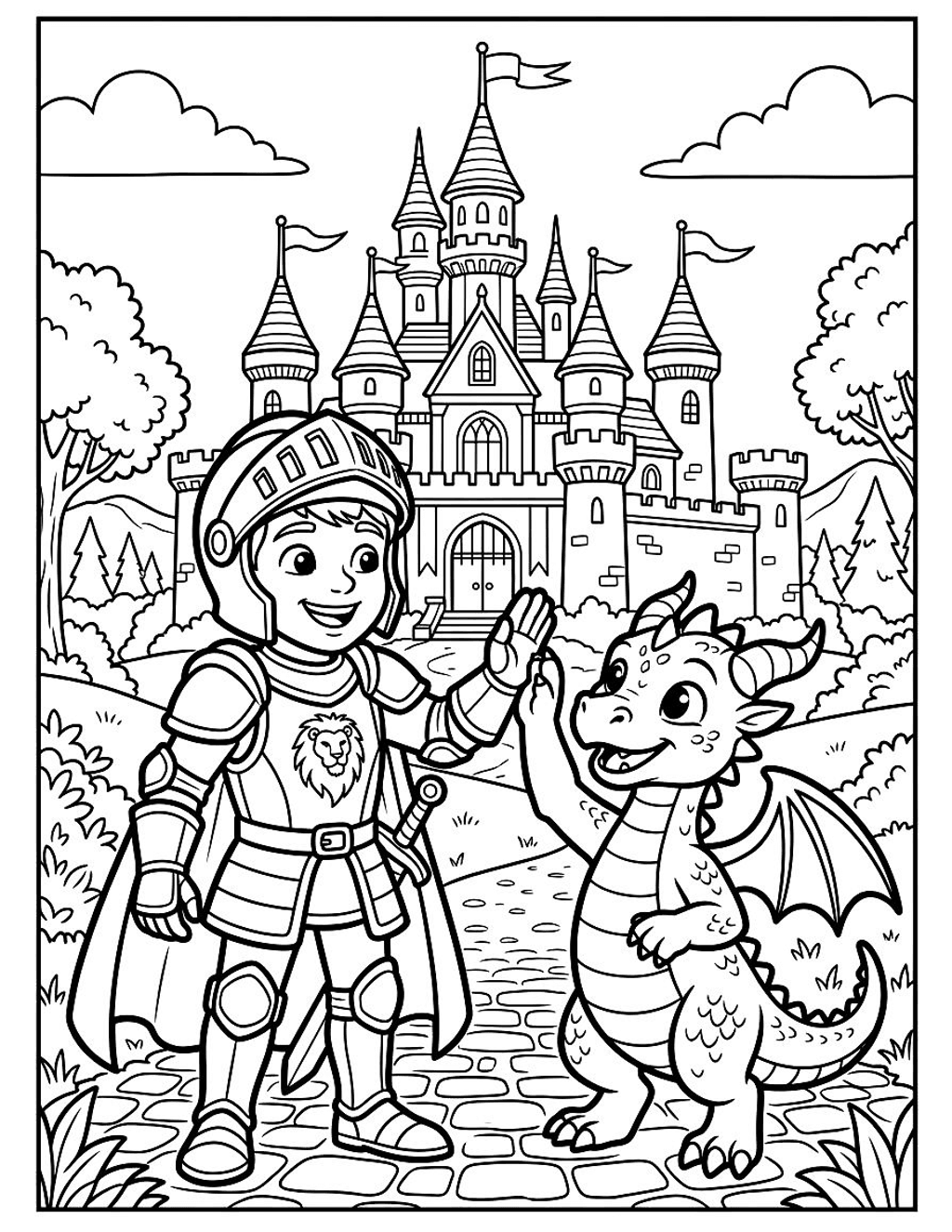 Knight and friendly dragon coloring page for kids