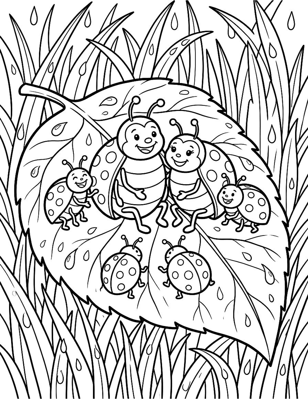 Ladybug family on a leaf coloring page for kids