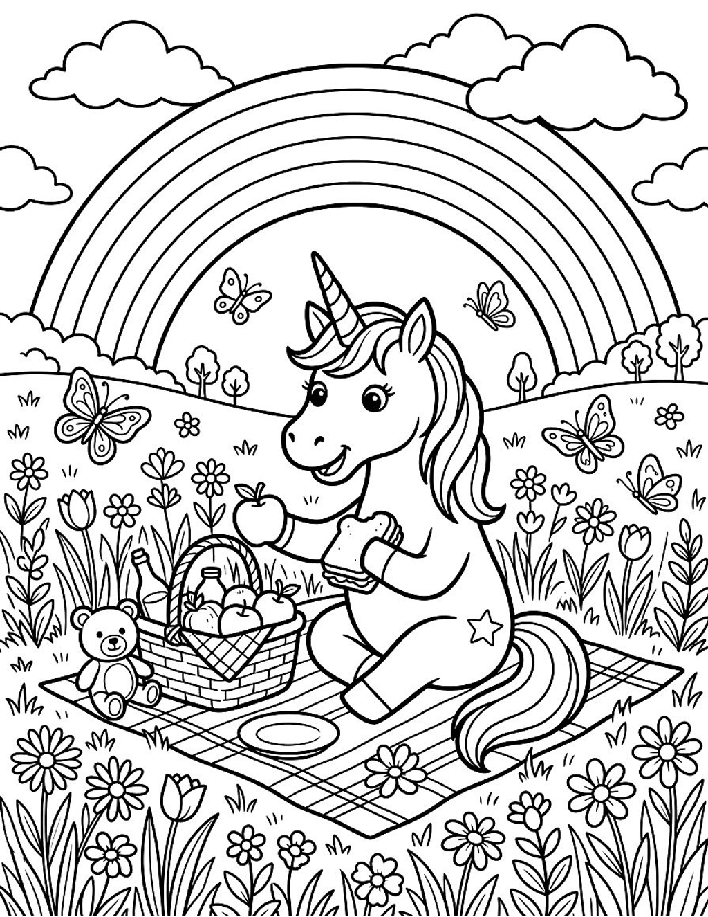 Magical unicorn picnic coloring page for kids