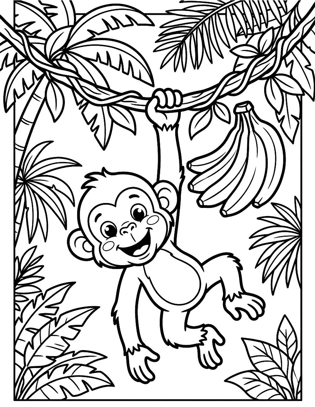 Monkey hanging from a vine coloring page for kids
