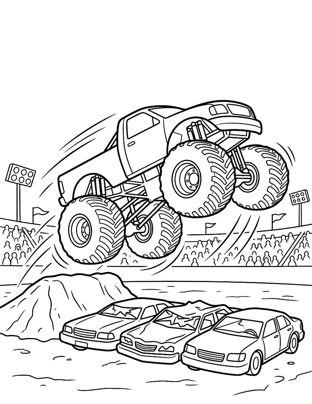 Monster truck jump coloring page for kids