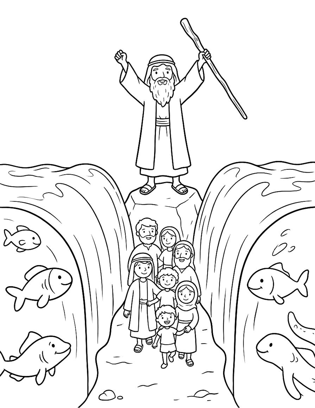 Moses and the parting of the Red Sea coloring page for kids