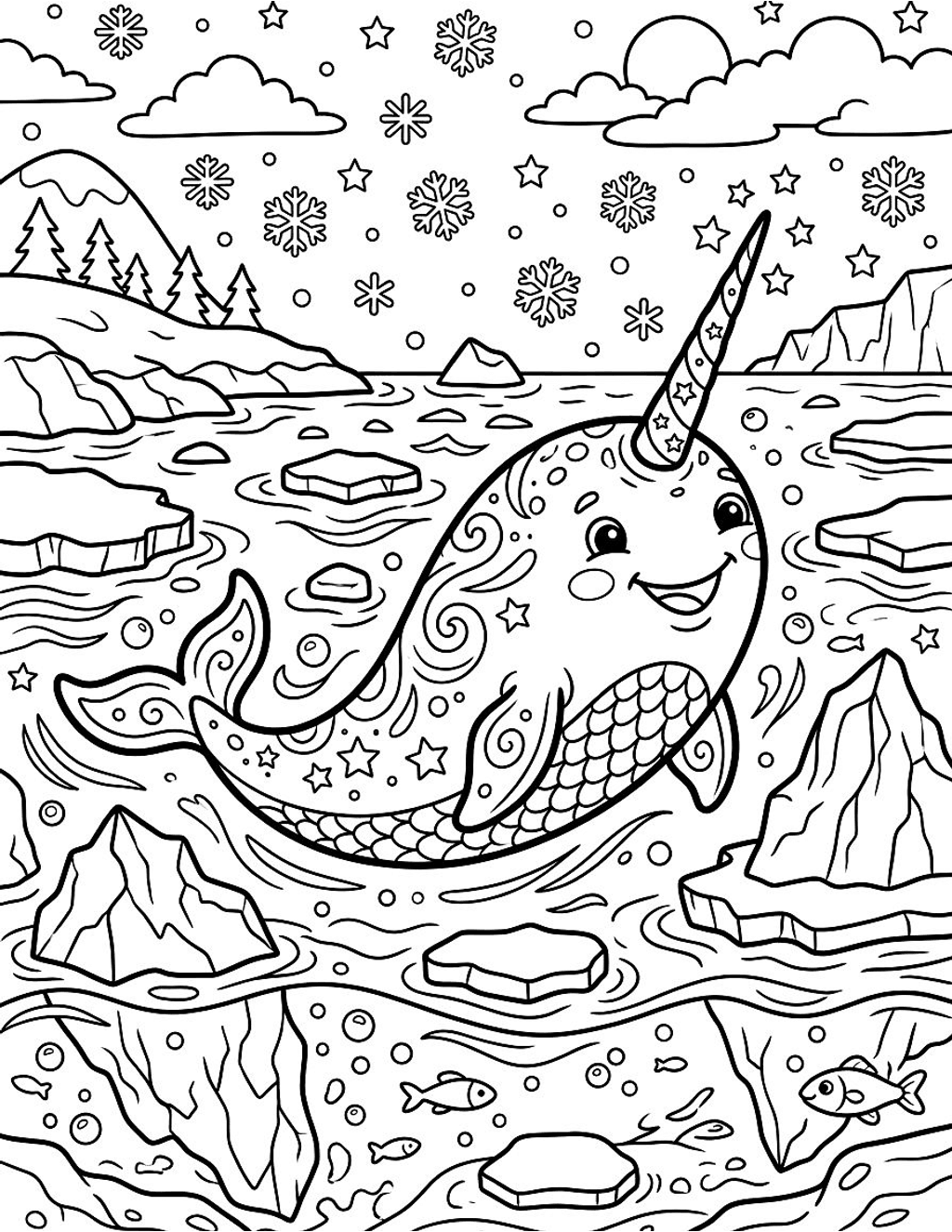 Narwhal in the Arctic coloring page for kids