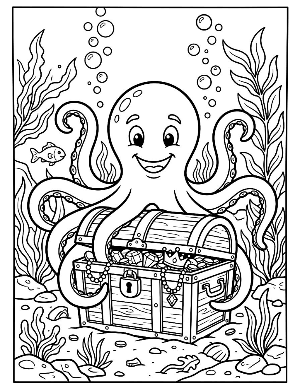 Octopus guarding treasure coloring page for kids