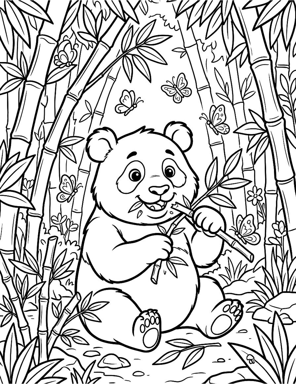 Panda munching bamboo coloring page for kids