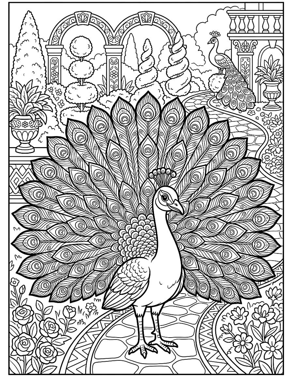 Peacock showing its feathers coloring page for kids