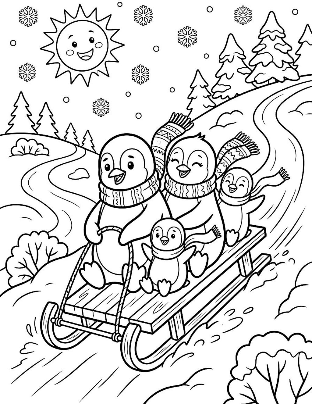 Penguin family sledding coloring page for kids